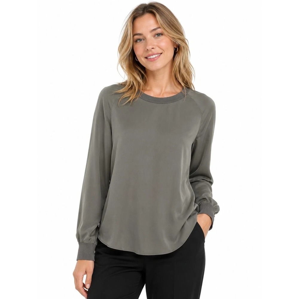 Vince 100% Silk Ribbed Trim Blouse Top Womens L Olive Green Quiet Luxury Office